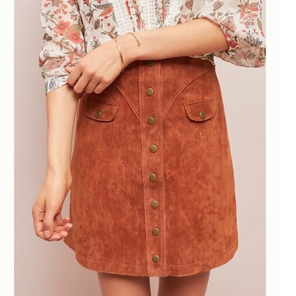 Anthropologie Leather Rust Brown Button-Front Skirt